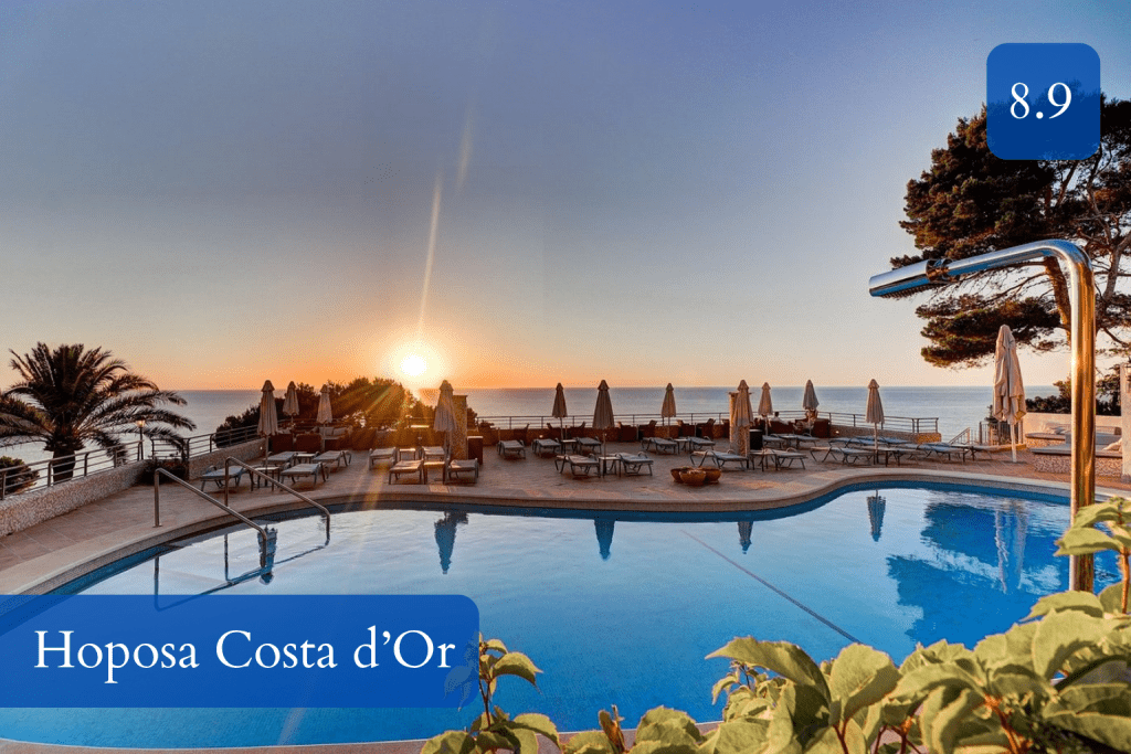 pool terrace with sunset views over the sea near Deià