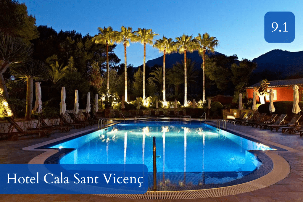pool and mountain backdrop near Cala Sant Vicenç beaches
