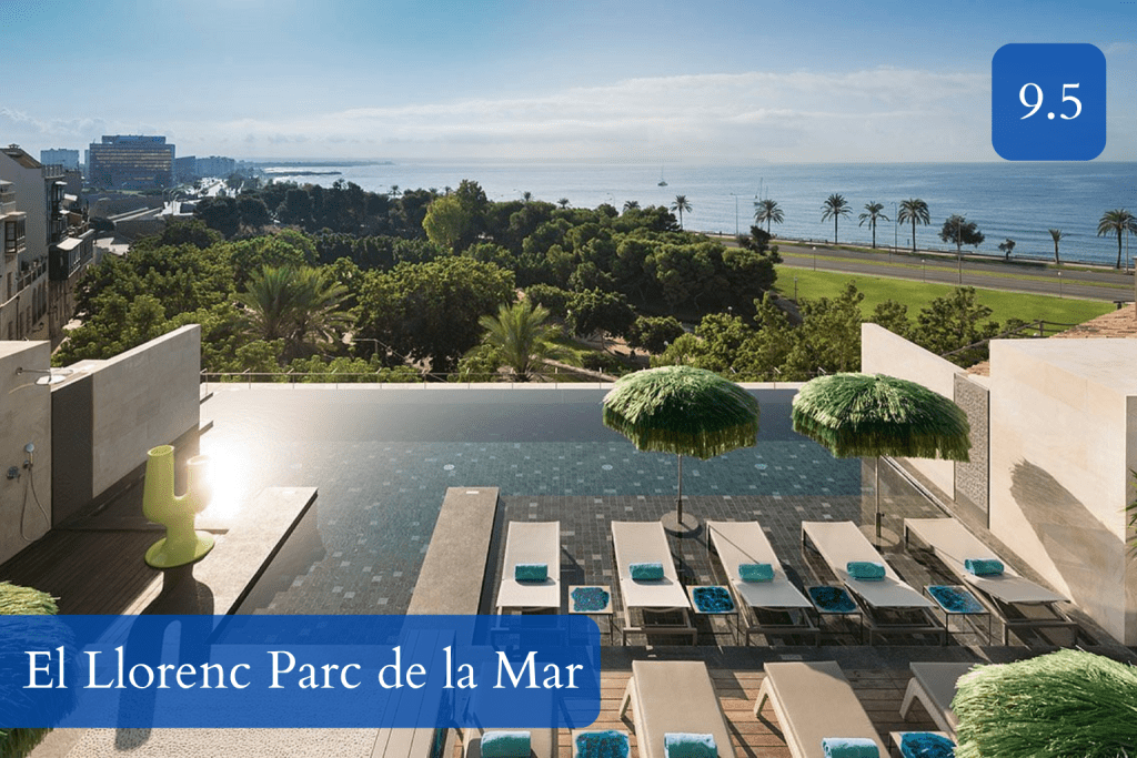 long rooftop infinity pool with views over Palma Bay