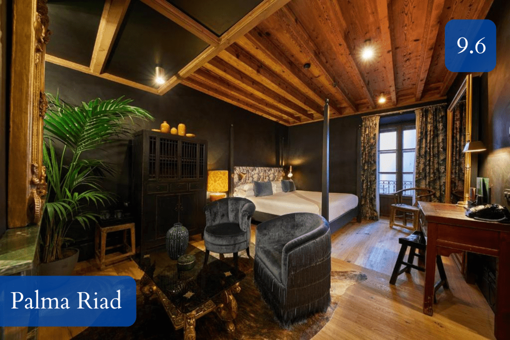 dramatic suite interior and courtyard fountain