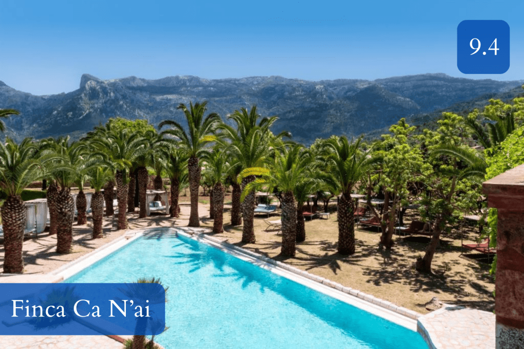 stone finca, citrus groves and mountain backdrop