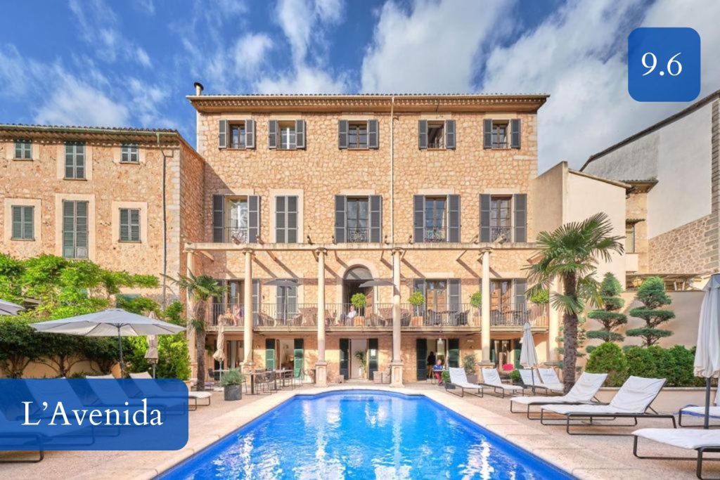 restored mansion façade and garden pool