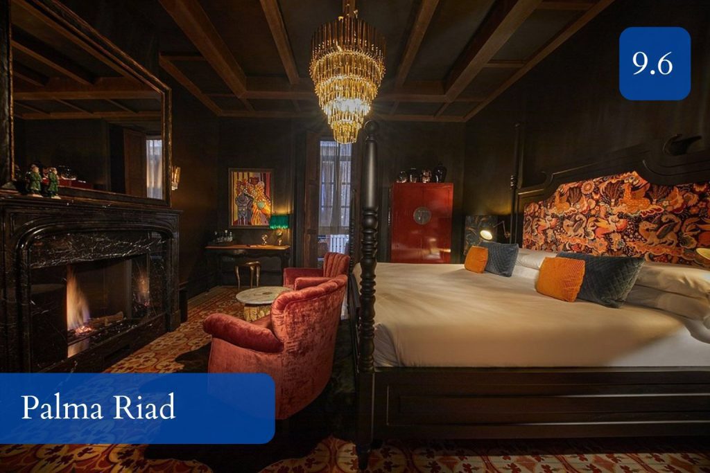 dramatic suite interior with moody lighting