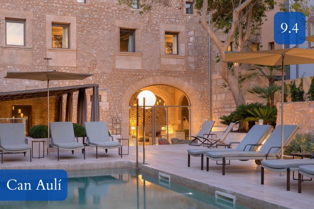 stone courtyard, pool and refined town-house interiors