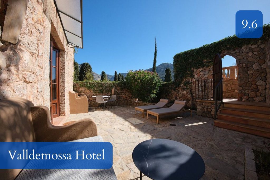 hilltop terrace, stone buildings and Tramuntana views