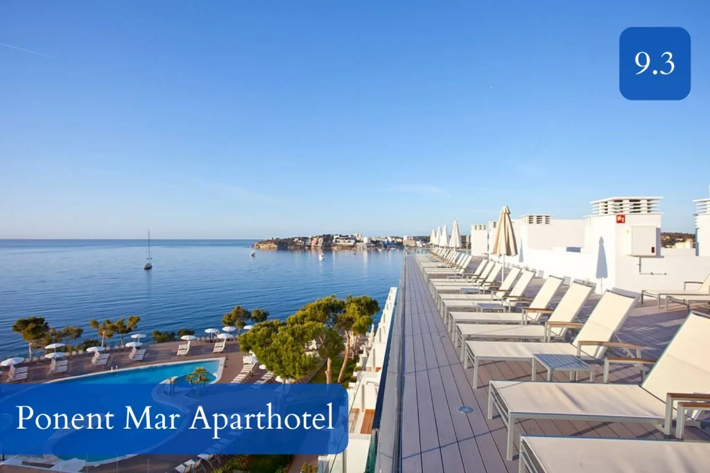 Seafront outdoor pool and rooftop sun terrace at Aparthotel Ponent Mar in Son Caliu near Palmanova, Mallorca.