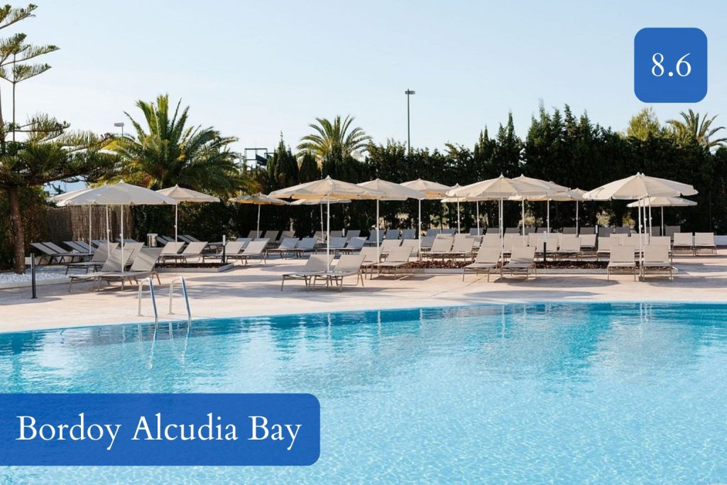 Outdoor swimming pool and sun terrace at Bordoy Alcudia Bay in Port d’Alcúdia, Mallorca.