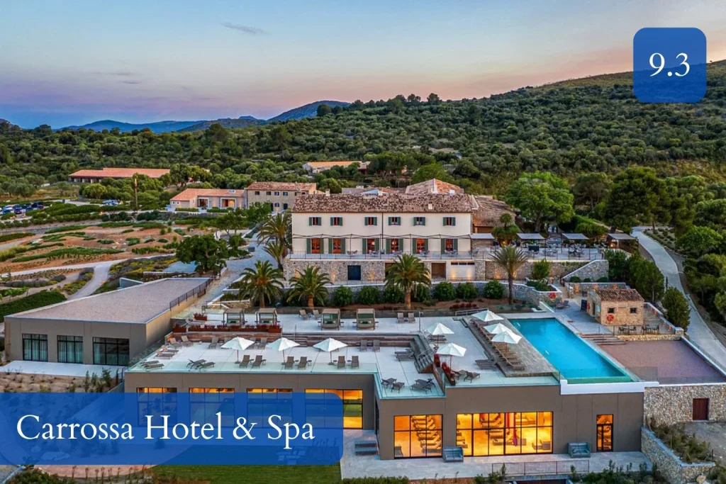 Aerial view of Carrossa Hotel & Spa with outdoor pool, wellness facilities, and countryside surroundings in Artà, Mallorca