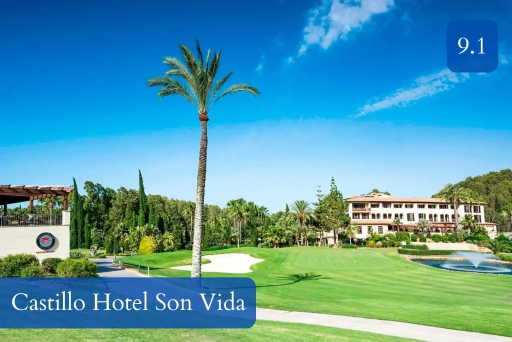 Golf course with palm trees and resort building at Castillo Hotel Son Vida in Palma, Mallorca
