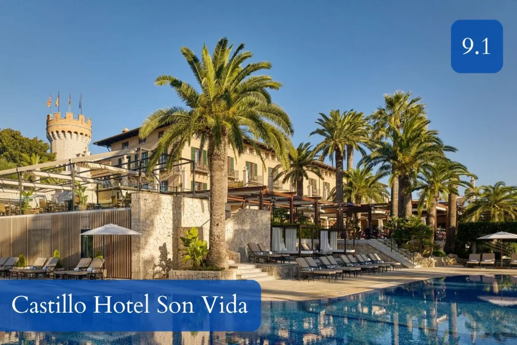Luxury outdoor pool area at Castillo Hotel Son Vida featuring palm-lined gardens, sun loungers, cabanas, historic Mediterranean architecture, and resort terraces in Son Vida, Mallorca