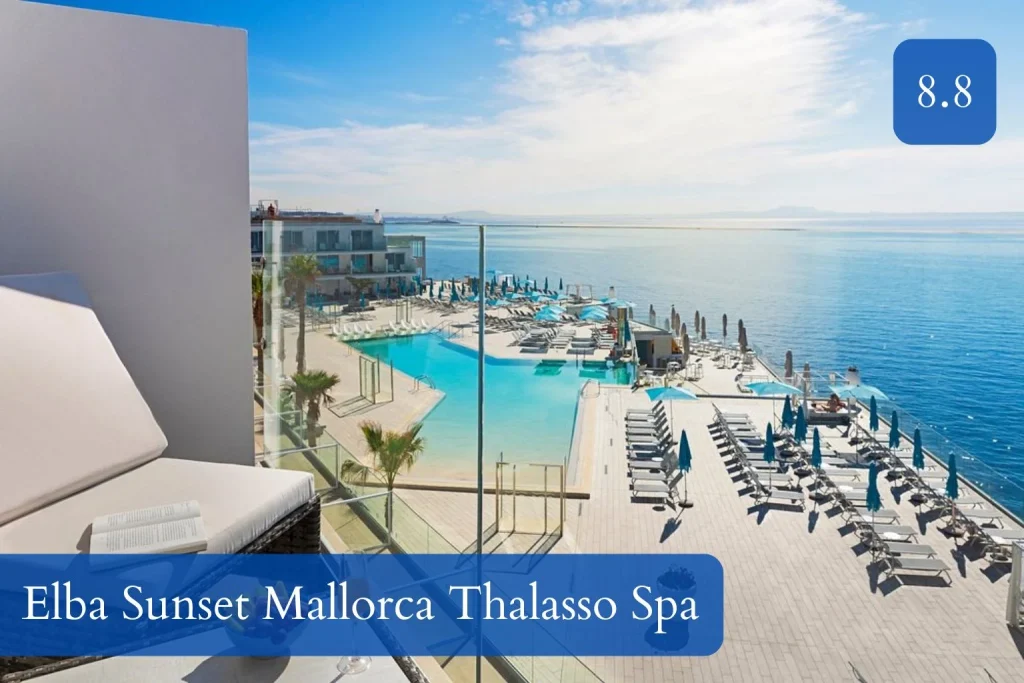 Seafront infinity pool and sun terrace at Elba Sunset Mallorca Thalasso Spa on the Torrenova and Palmanova edge, Mallorca.