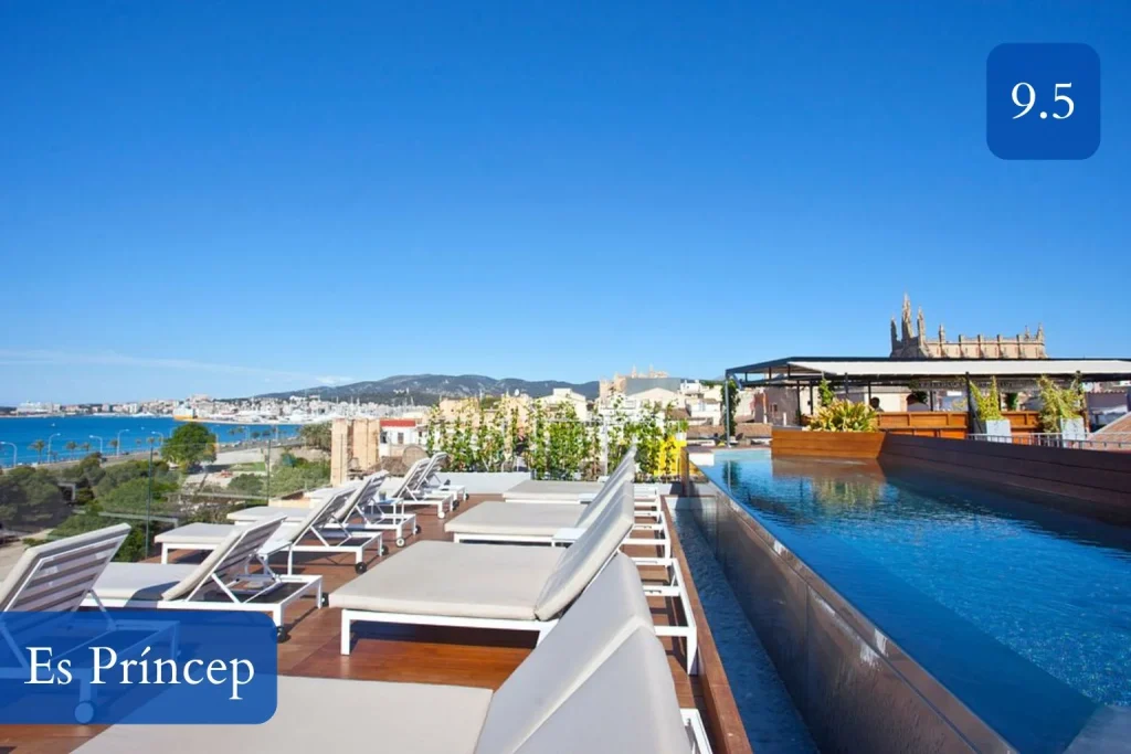 Rooftop infinity pool with sun loungers, sea views, and panoramic vistas of Palma Cathedral and the historic skyline at Es Príncep in La Calatrava, Palma de Mallorca