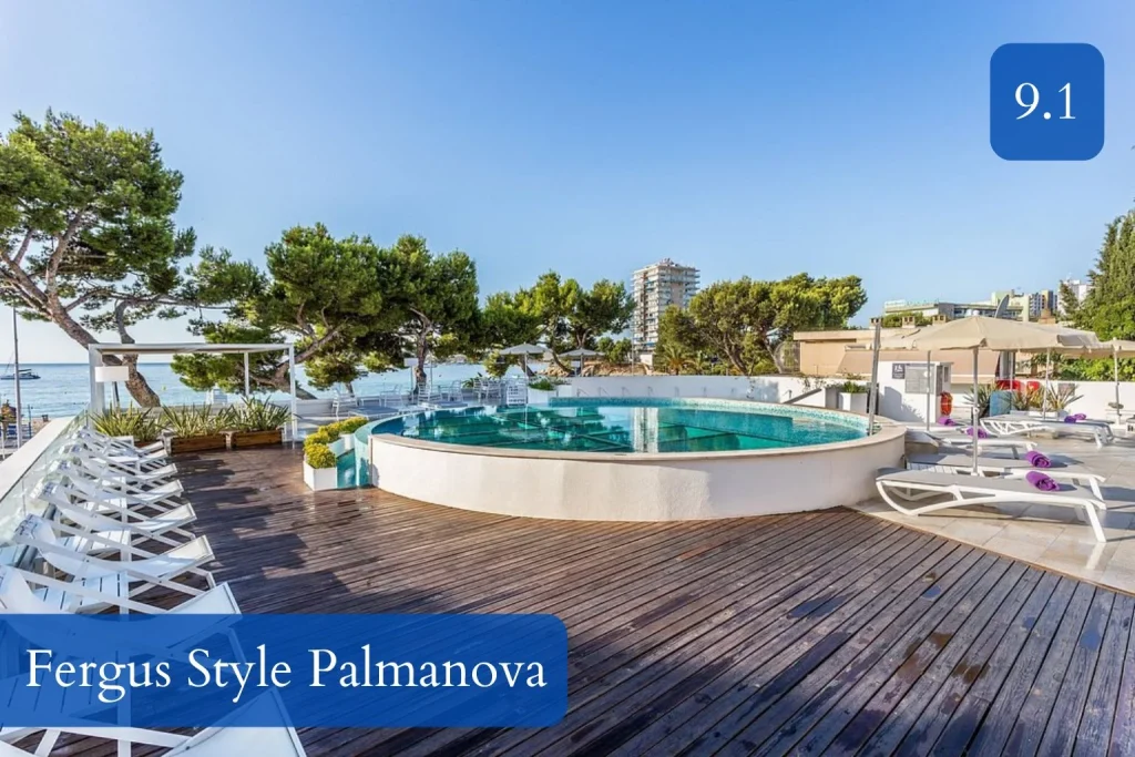 Outdoor pool and sun terrace at FERGUS Style Palmanova on the Palmanova beachfront in Mallorca.