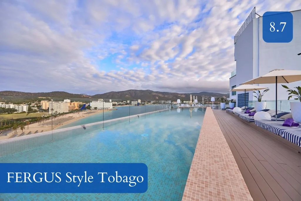 Rooftop infinity pool overlooking Palmanova Beach at FERGUS Style Tobago on the Palmanova and Torrenova edge, Mallorca.