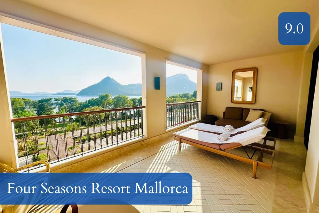 Private terrace with sun loungers and panoramic views of Formentor Bay at Four Seasons Resort Mallorca at Formentor, Mallorca.