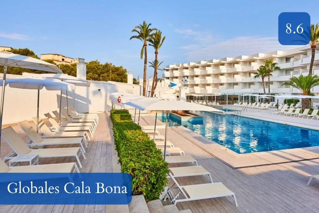 Swimming pool and contemporary resort facilities at Globales Cala Bona in Cala Bona, Mallorca.