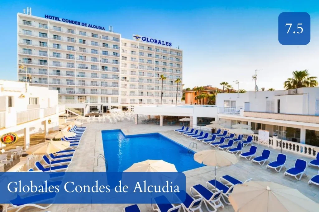 Pool area and main hotel building at Globales Condes de Alcudia in Port d’Alcudia, Mallorca.