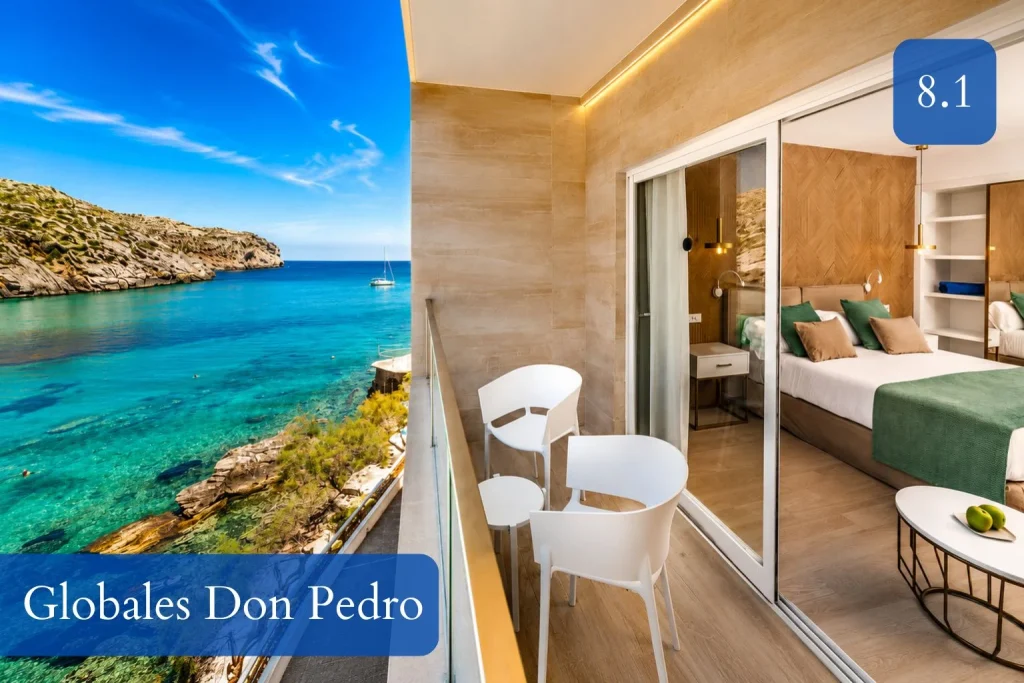 Sea view balcony room overlooking the turquoise waters of Cala Sant Vicenç at Globales Don Pedro, Mallorca.