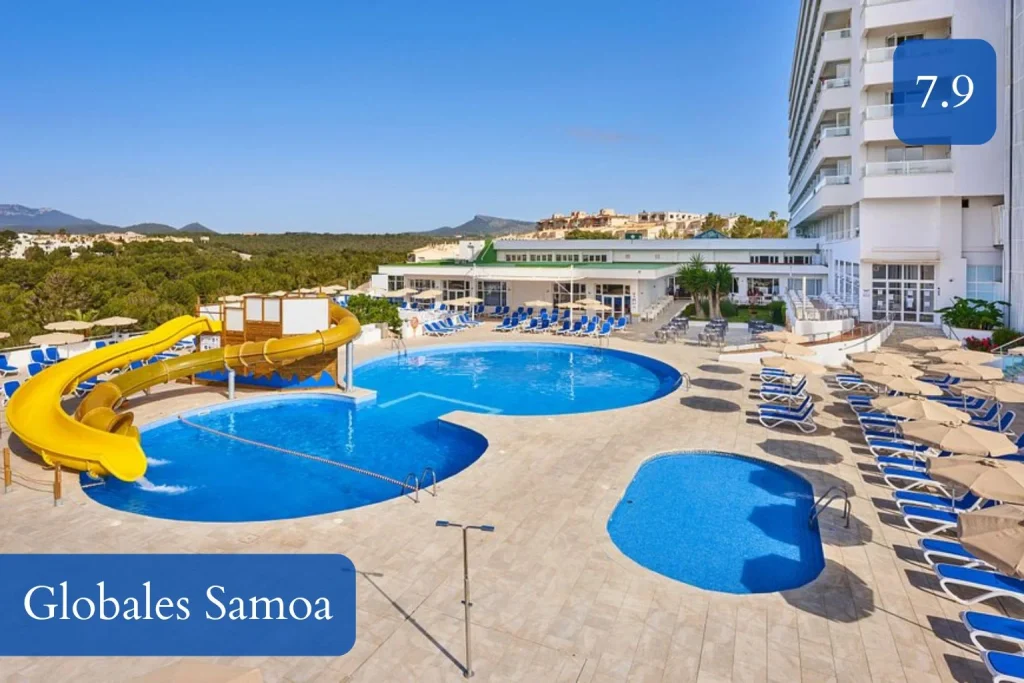 Pool area with water slide and sun terrace at Globales Samoa in Calas de Mallorca, Mallorca.