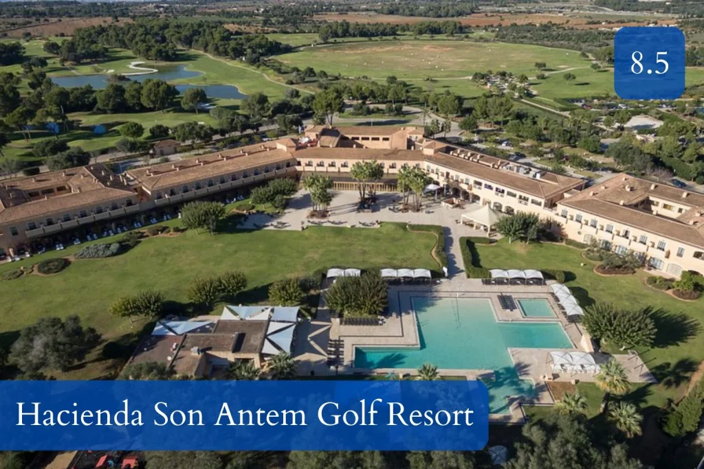 Aerial view of the resort, pool area, and surrounding golf courses at Hacienda Son Antem Golf Resort in Llucmajor, Mallorca