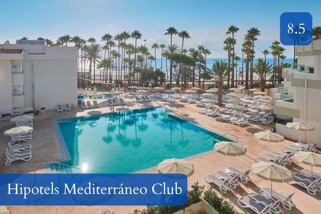 Beachfront pool area at Hipotels Mediterráneo Club in Sa Coma, Mallorca