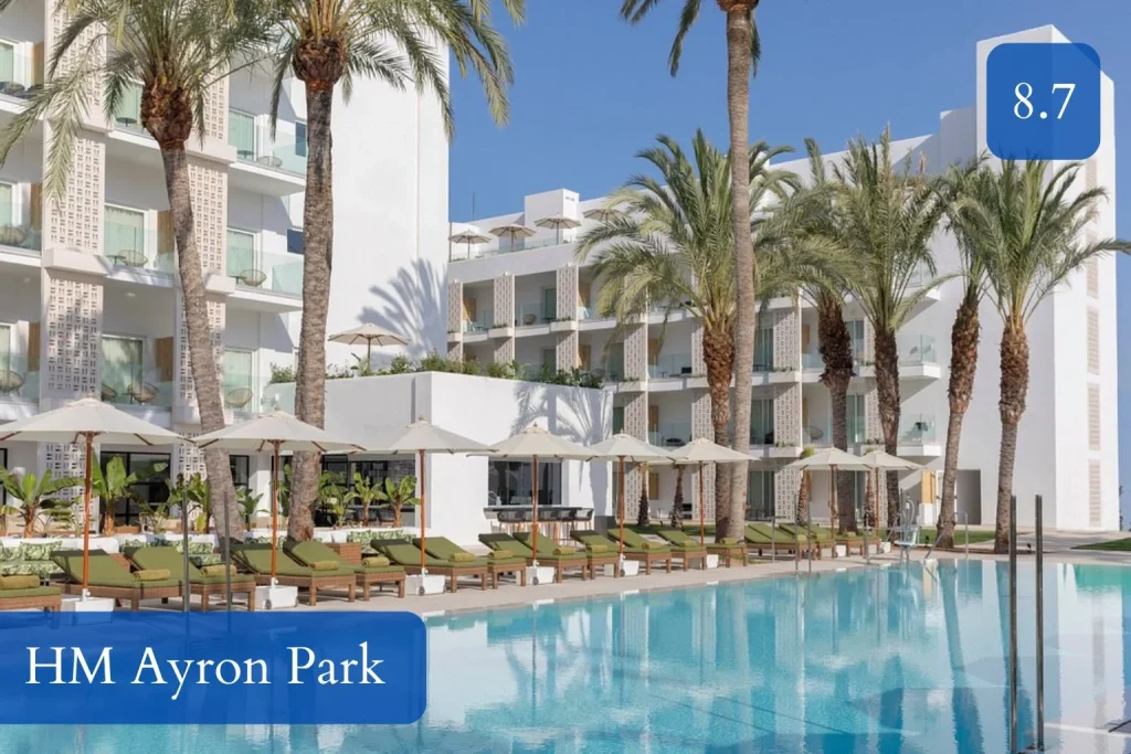 Lagoon-style outdoor swimming pool with sun loungers at HM Ayron Park on the edge of Playa de Palma, Mallorca.
