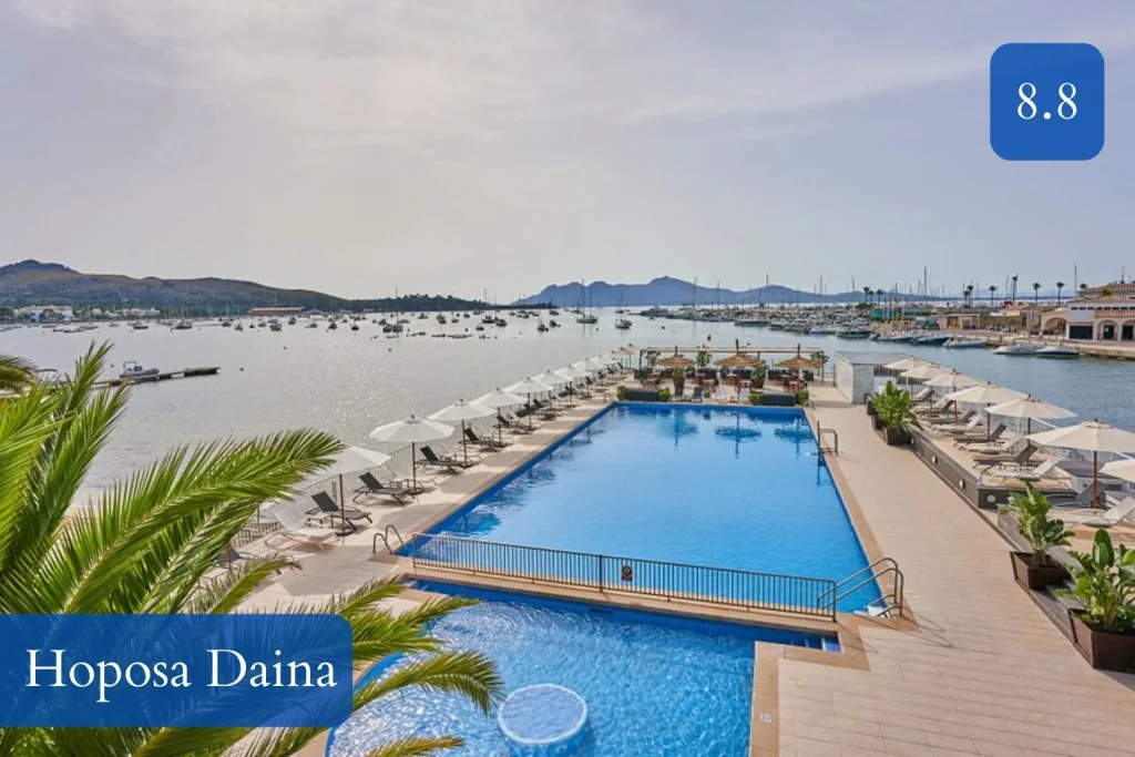 Marina-front swimming pool and sun terrace at Hoposa Daina in Port de Pollença, Mallorca.