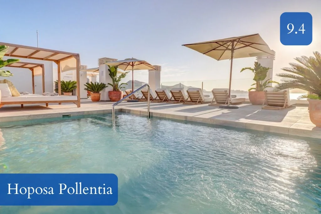 Rooftop pool and panoramic bay views at Hoposa Pollentia in Port de Pollença, Mallorca.