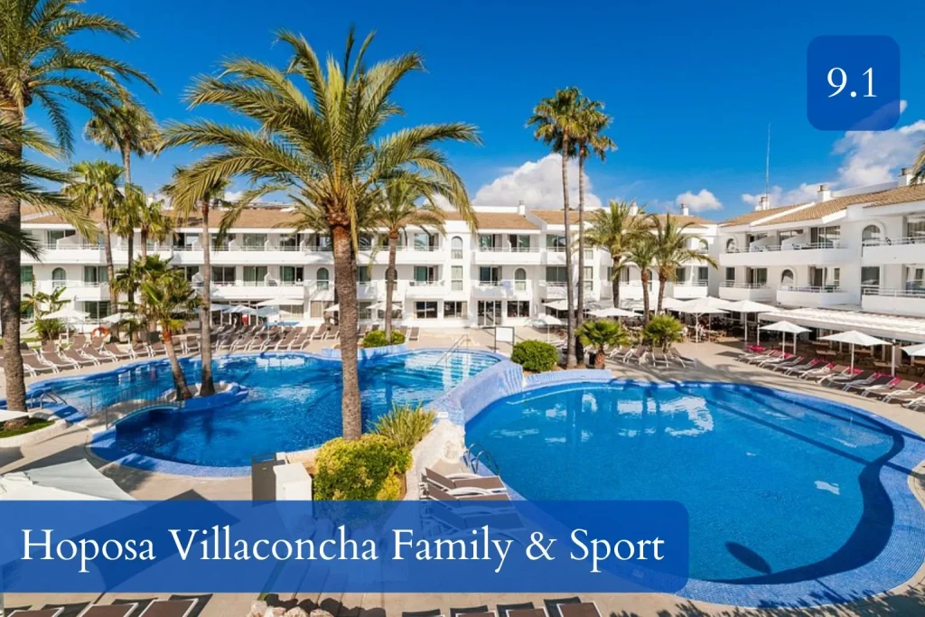 Swimming pool complex and family resort facilities at Hoposa Villaconcha Family & Sport Aparthotel in Port de Pollença, Mallorca.