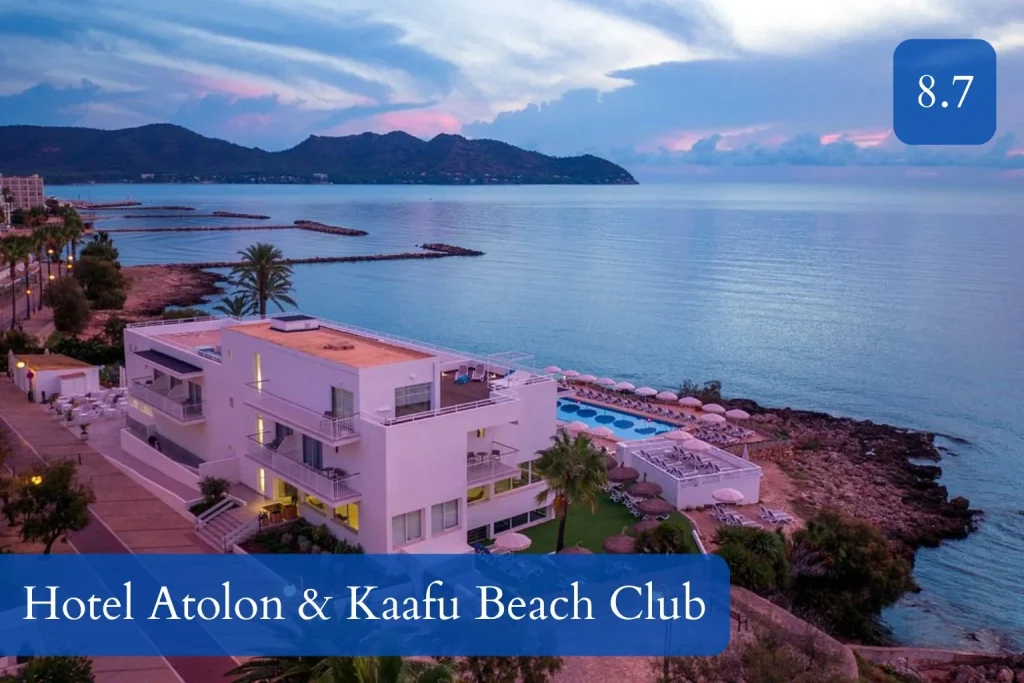 Seafront location and swimming pool at Hotel Atolon & Kaafu Beach Club in Cala Bona, Mallorca.