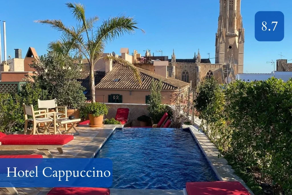 Rooftop pool at Hotel Cappuccino Palma with views of Palma Cathedral