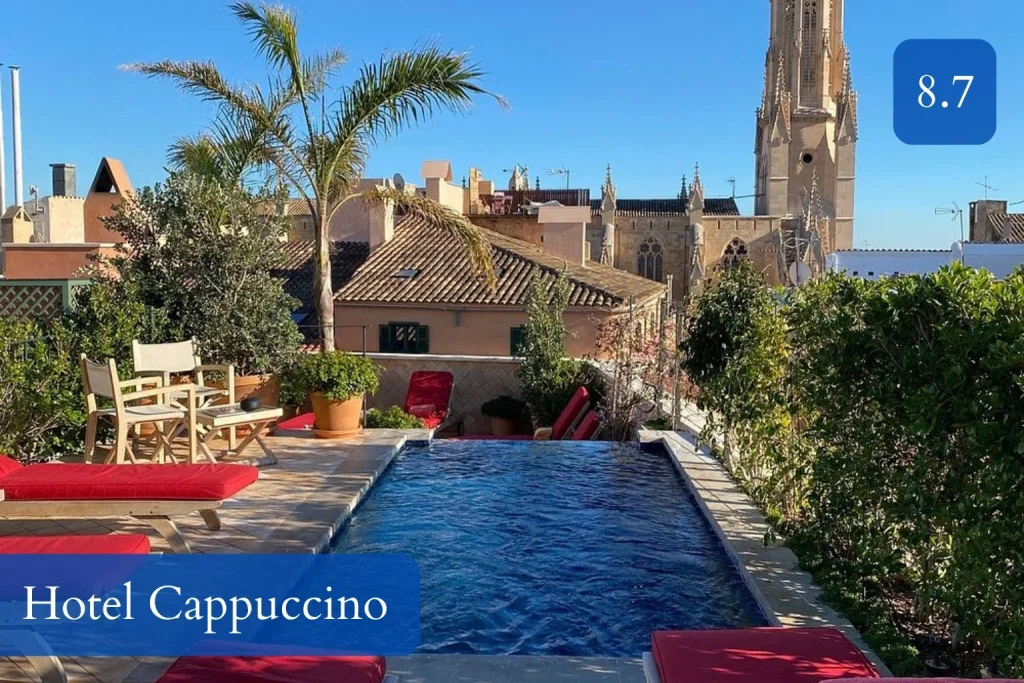 Rooftop pool overlooking Old Town Palma at Hotel Cappuccino Palma in Plaça de Cort, Mallorca