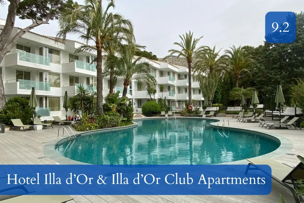 Swimming pool and garden area at Hotel Illa d’Or & Illa d’Or Club Apartments on Pine Walk, Port de Pollença, Mallorca.