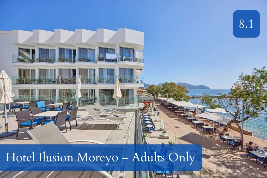 Seafront terrace and Mediterranean views at Hotel Ilusion Moreyo – Adults Only in Cala Bona, Mallorca.