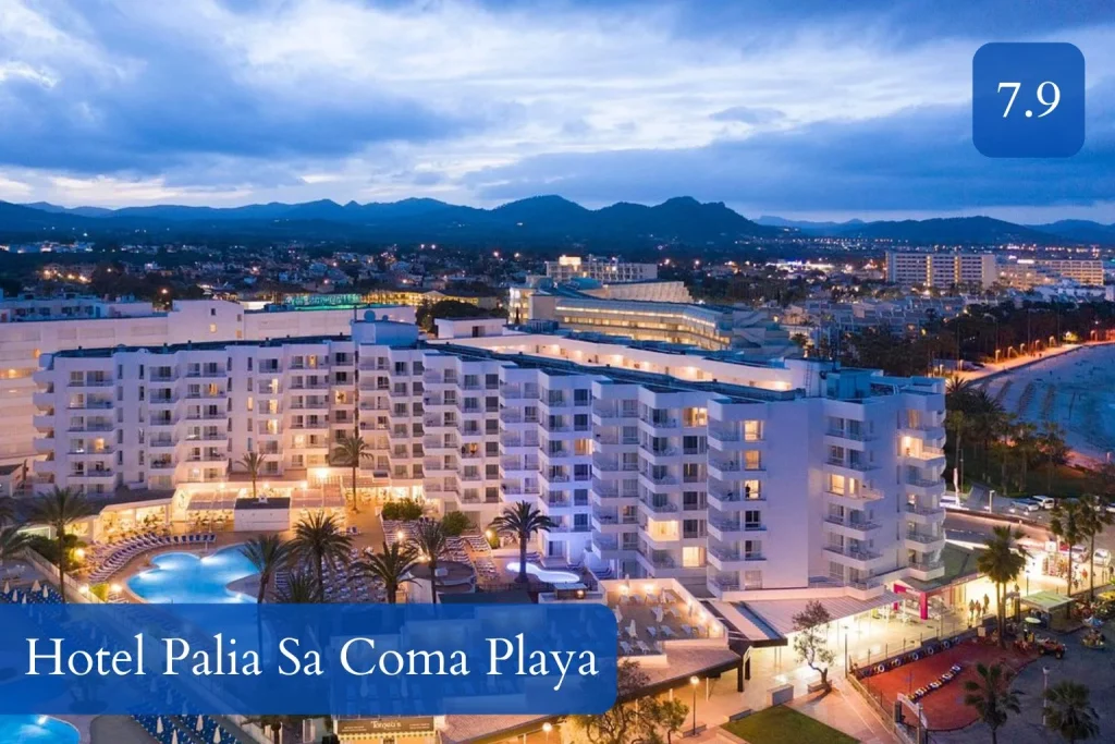 Aerial dusk view of Hotel Palia Sa Coma Playa and its beachfront location in Sa Coma, Mallorca.