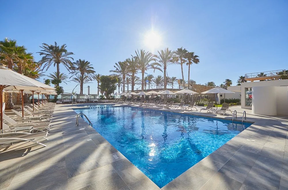 Beachfront outdoor swimming pool with palm trees and sun loungers at Hotel Playa Golf Adults Only 4 Sup in Balneario 6, Mallorca.