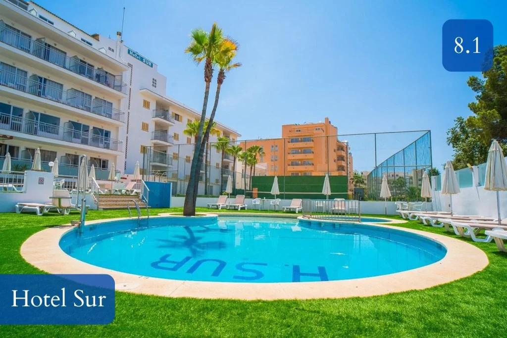 Swimming pool and leisure facilities at Hotel Sur in Cala Bona, Mallorca.