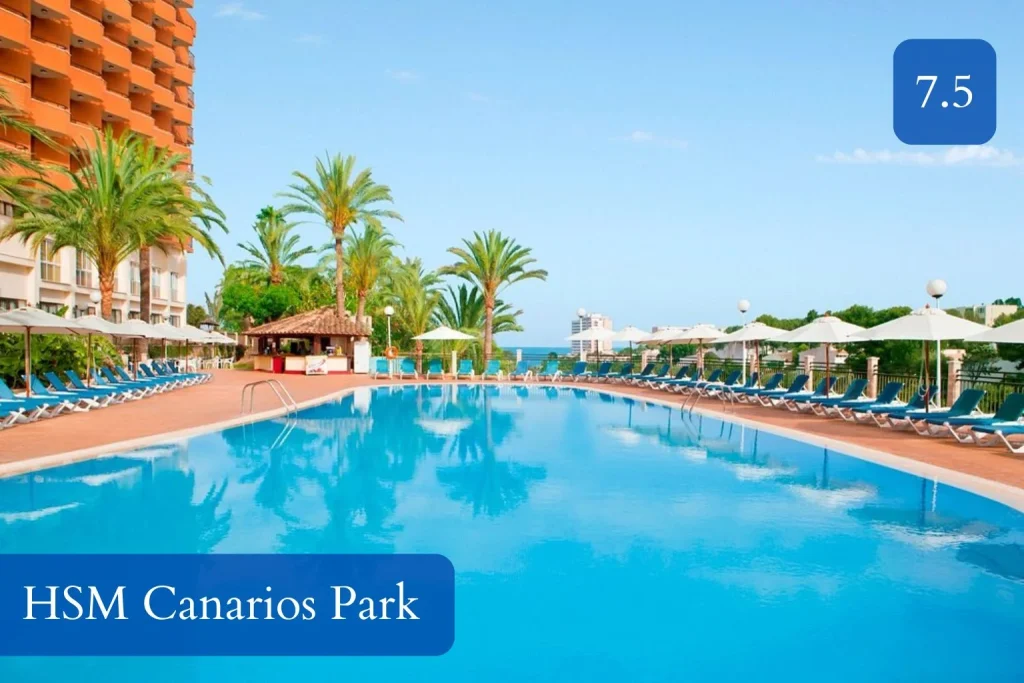 Main swimming pool area at HSM Canarios Park in Calas de Mallorca, Mallorca.