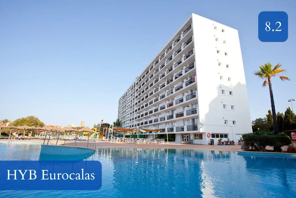 Pool area and main hotel building at HYB Eurocalas in Calas de Mallorca, Mallorca.