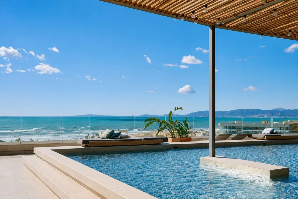 Rooftop infinity pool with panoramic Mediterranean Sea views at Iberostar Selection Llaut Palma in Playa de Palma, Mallorca.