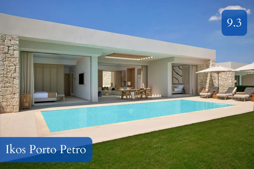 Modern private pool suite at Ikos Porto Petro in Porto Petro, Mallorca, featuring a spacious terrace and contemporary design.