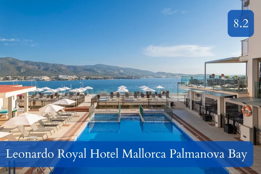 Seafront outdoor swimming pool at Leonardo Royal Hotel Mallorca Palmanova Bay overlooking Palmanova Bay, Mallorca.