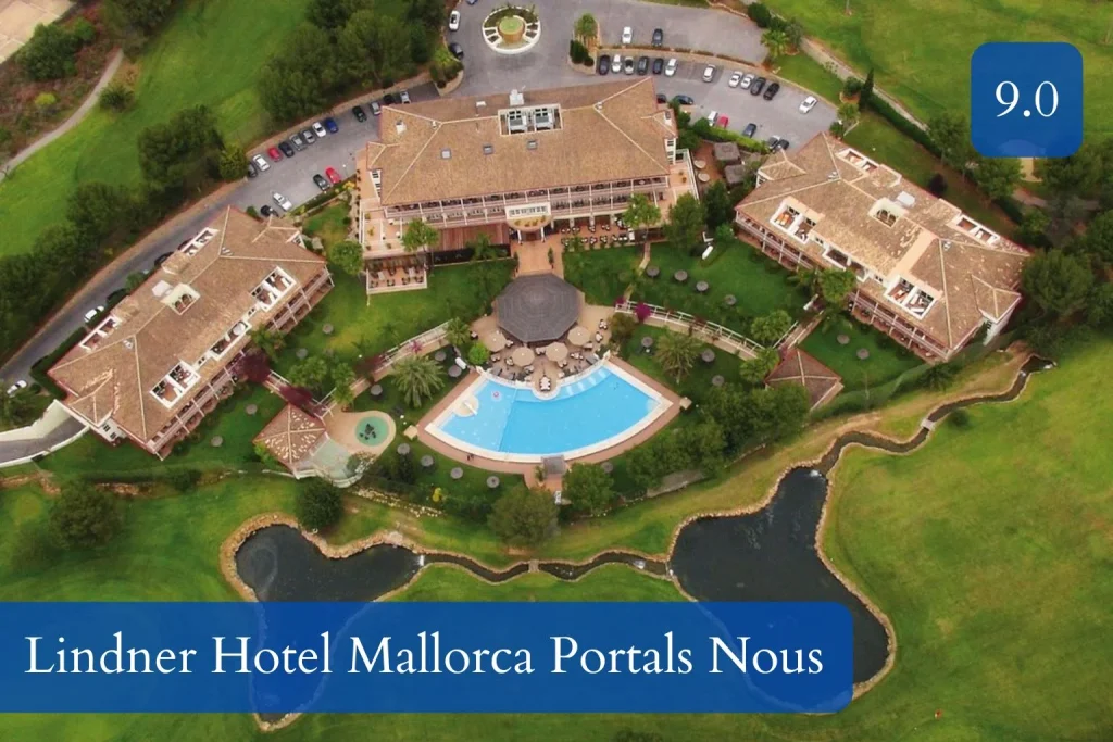 Aerial view of the resort pool and surrounding golf course at Lindner Hotel Mallorca Portals Nous in Portals Nous, Mallorca