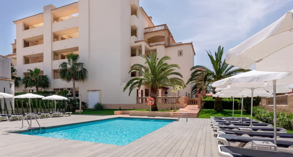 Main pool and hotel building at Marins Playa in Cala Bona, Mallorca.