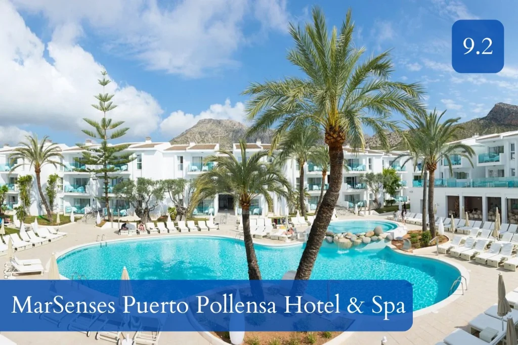 Swimming pool and landscaped grounds at MarSenses Puerto Pollensa Hotel & Spa near Port de Pollença, Mallorca.
