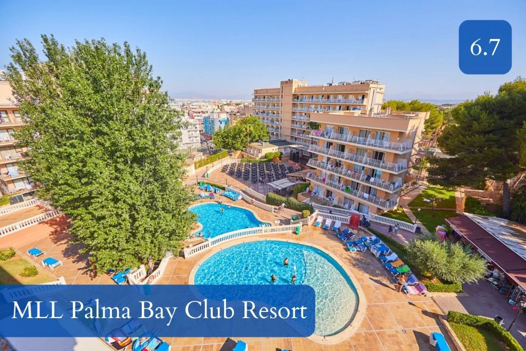Resort complex featuring multiple outdoor swimming pools, sun loungers, landscaped gardens, and hotel buildings at MLL Palma Bay Club Resort in El Arenal, Mallorca