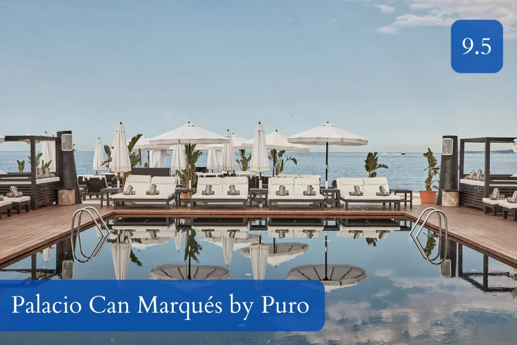 Seafront pool terrace overlooking the Mediterranean at Palacio Can Marqués by Puro in La Lonja, Palma de Mallorca