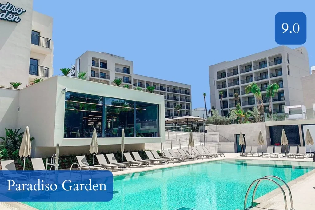 Modern outdoor swimming pool at Paradiso Garden in Playa de Palma, Mallorca.