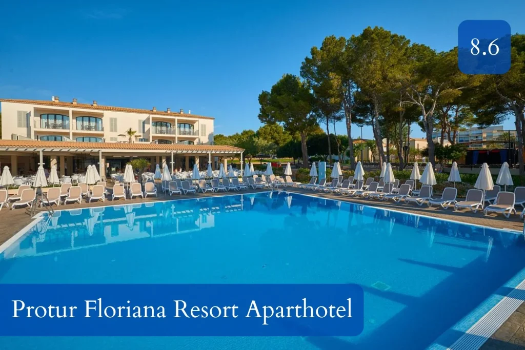 Swimming pool and landscaped resort grounds at Protur Floriana Resort Aparthotel in Cala Bona, Mallorca.