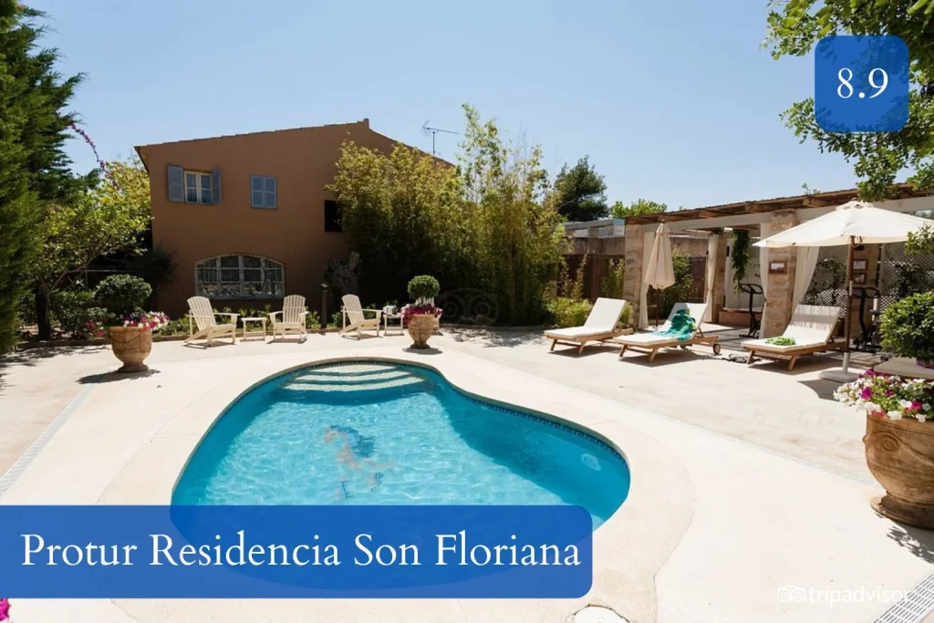 Outdoor swimming pool and tranquil gardens at Protur Residencia Son Floriana in Cala Bona, Mallorca.